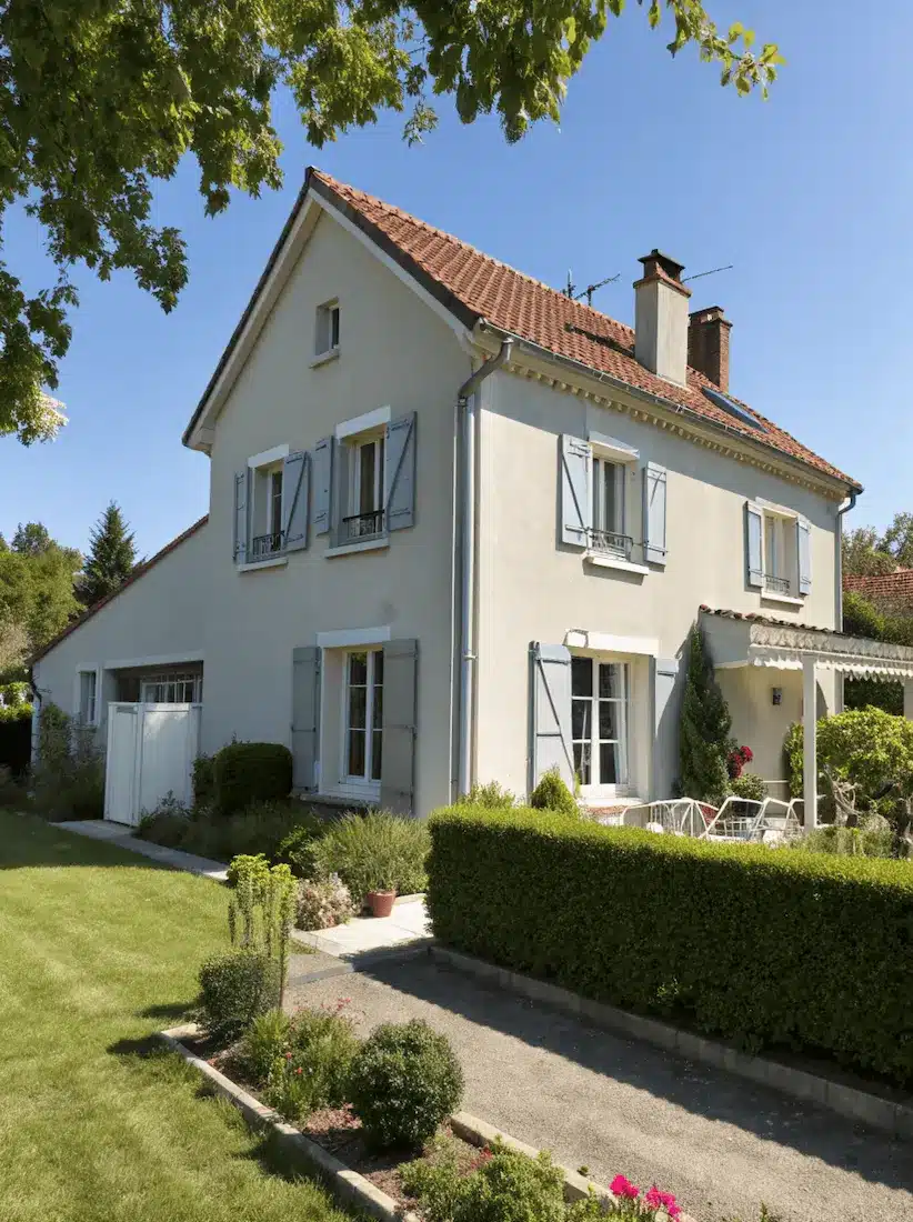 maison avec un grand jardin où l'on voit une façade qui a été rénovée