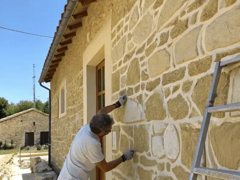 Artisan appliquant un enduit décoratif imitation pierre sur une façade avec échelle dans le Calvados