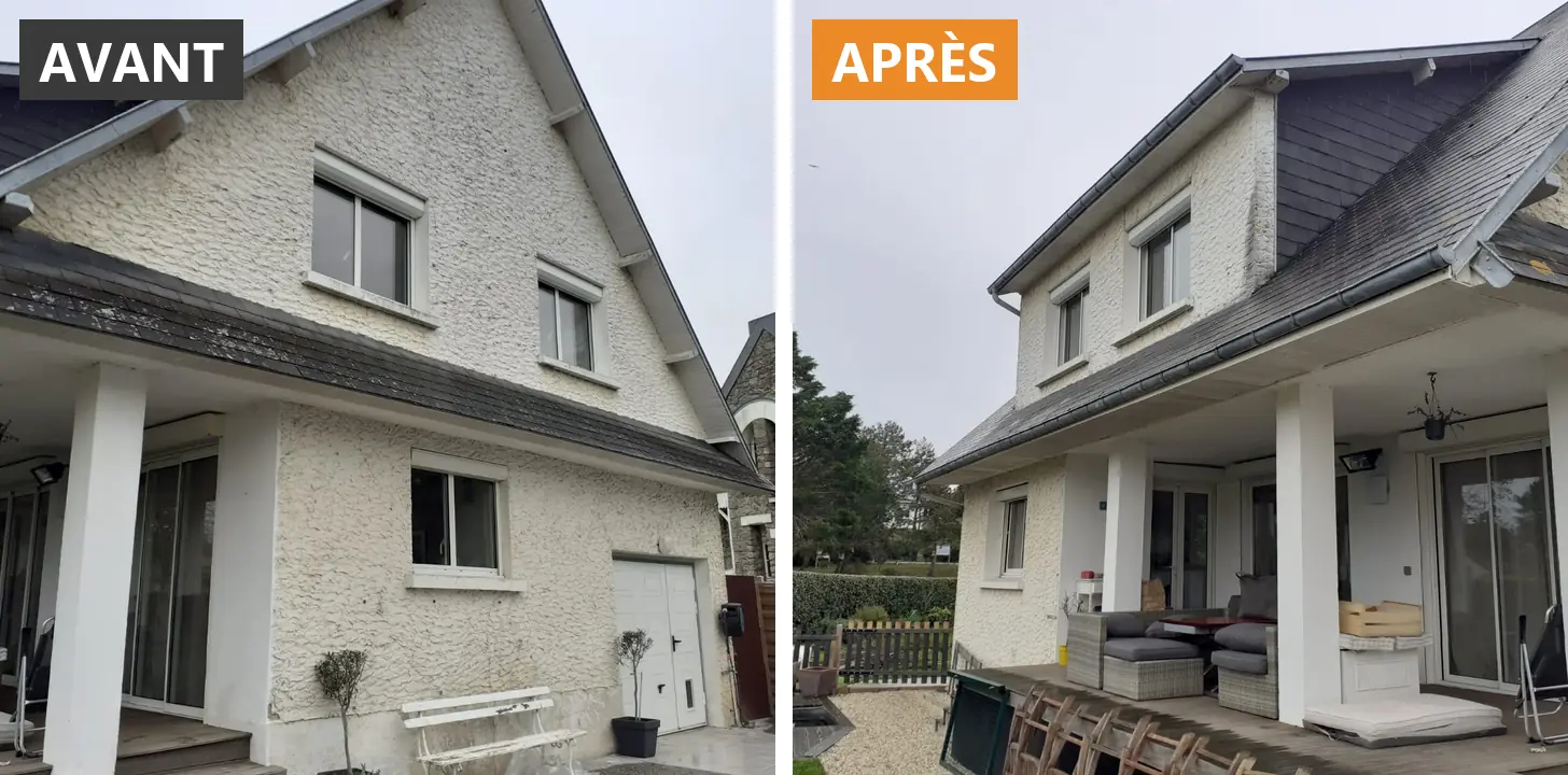 Maison à porche avant et après isolation thermique par l'extérieur : crépi à gauche, enduit lisse à droite dans le Calvados