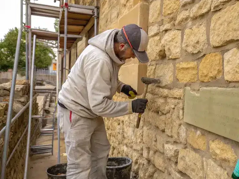 Artisan façadier réalisant le rejointoiement d'une façade en pierre en Normandie