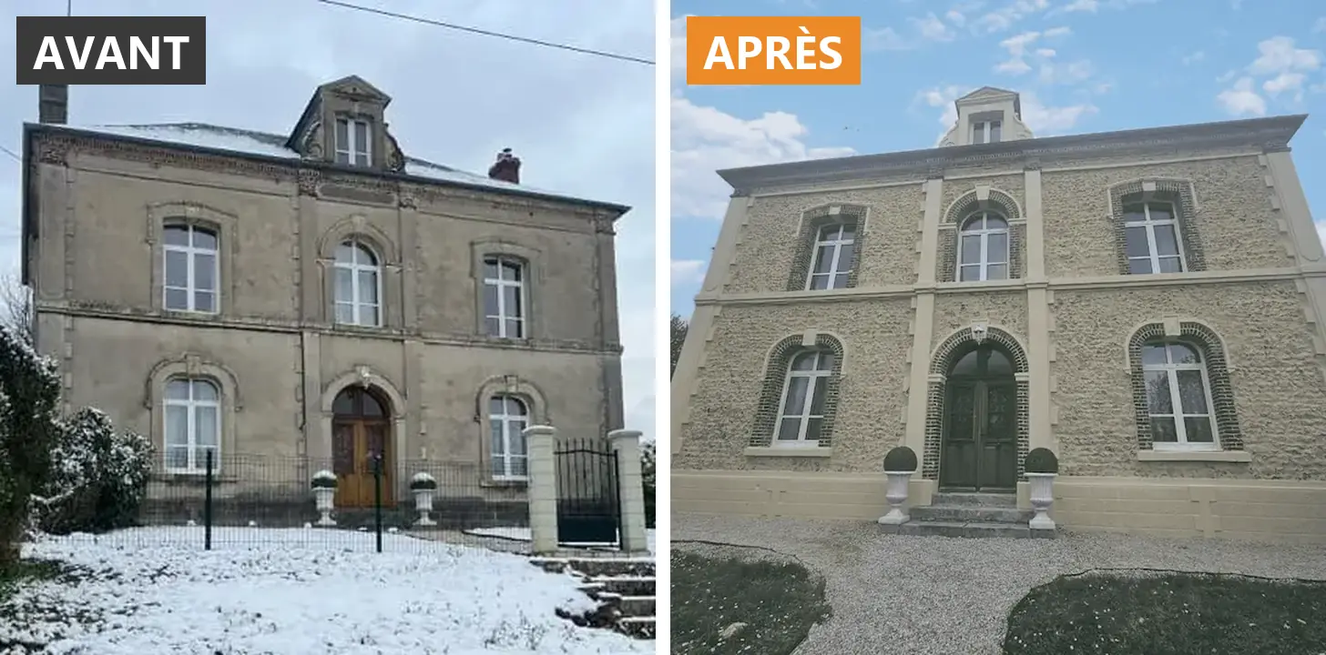 Maison de maître avant et après restauration de façade : enduit encrassé à gauche, moellons et encadrements en brique remis en valeur à droite