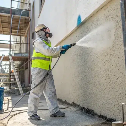 un ouvrier qui projette un enduit sur une façade