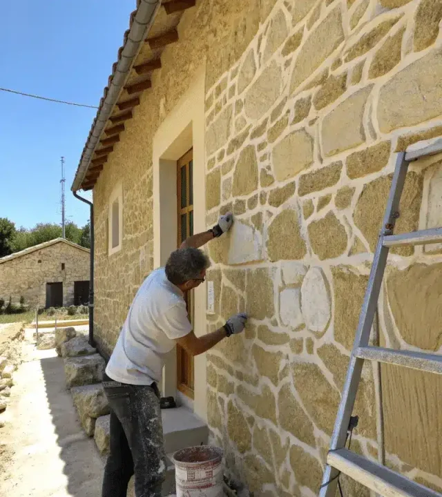 maison avec une façade en enduit décoratif imitation pierre