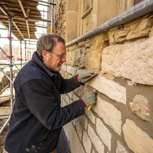 Ouvrier entrain de réparer et de rejointer les pierres d'une façade sur une maison en normandie.